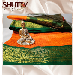 CHECKED KALYANI COTTON SAREE - ORANGE