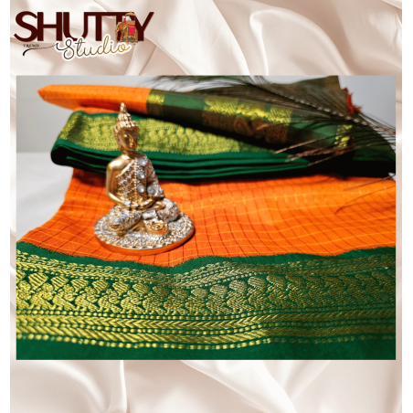 CHECKED KALYANI COTTON SAREE - ORANGE