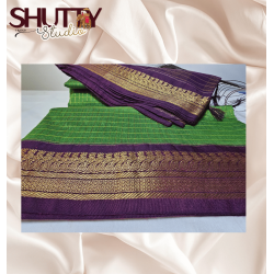 CHECKED KALYANI COTTON SAREE - APPLE GREEN